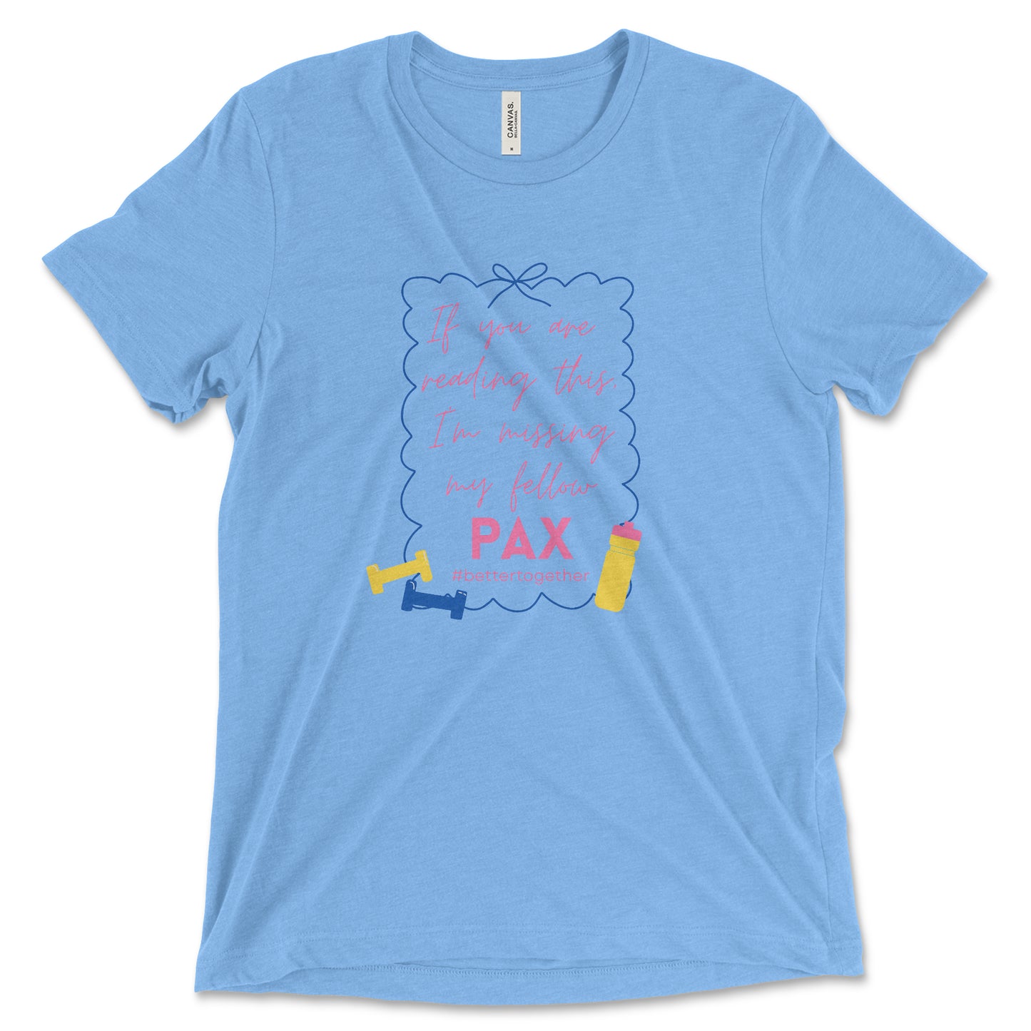 Light blue t-shirt with a graphic design and text on a white background