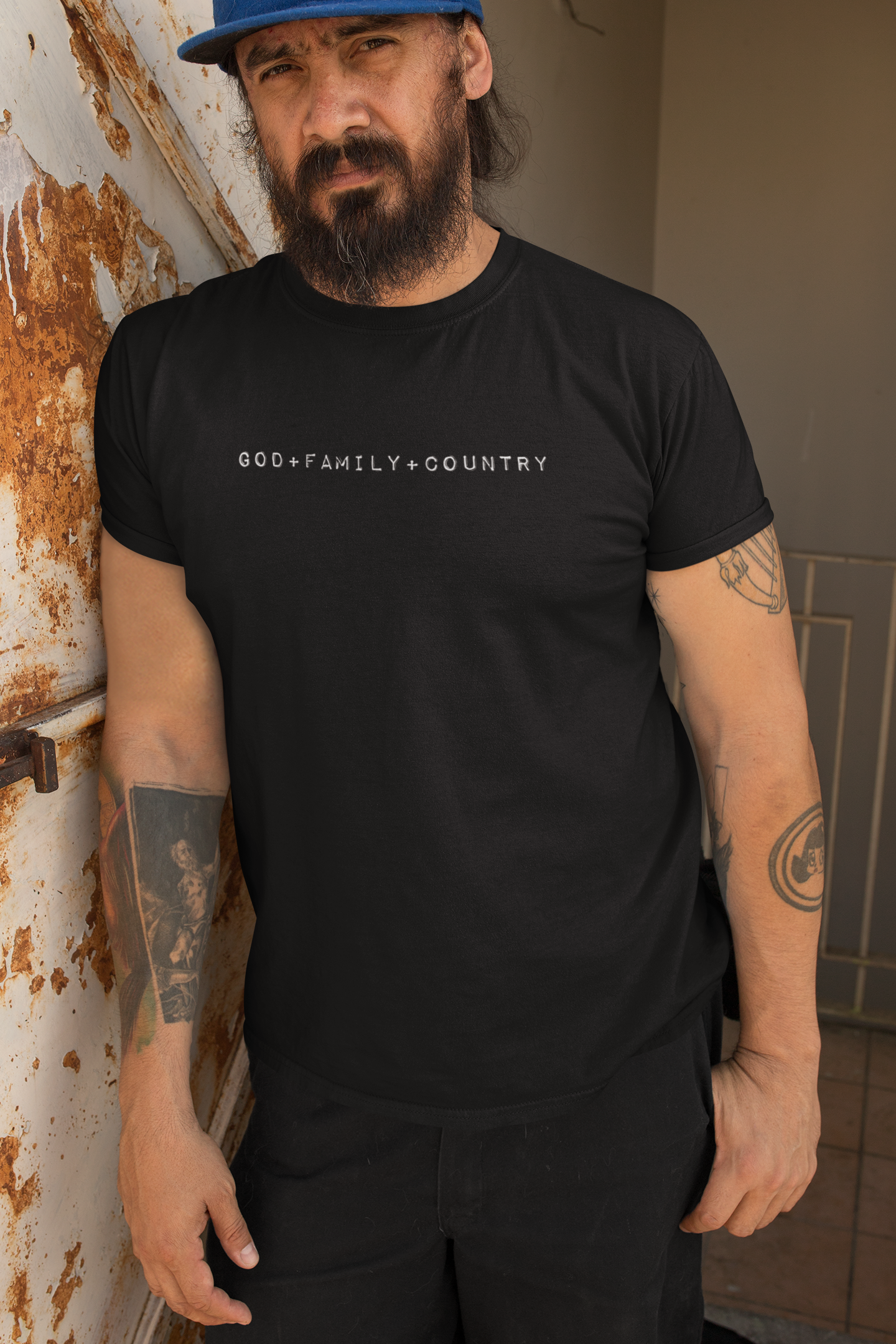 MAN WEARING THE GOD FAMILY COUNTRY TSHIRT 
